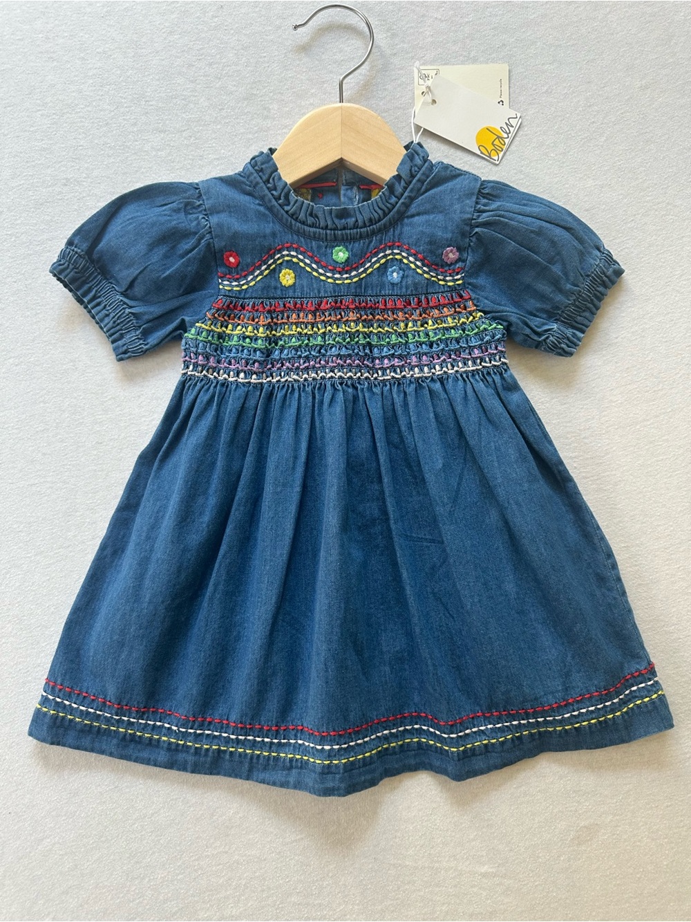 BabyBoden NWT Rainbow Smocked Denim Dress 6-9M